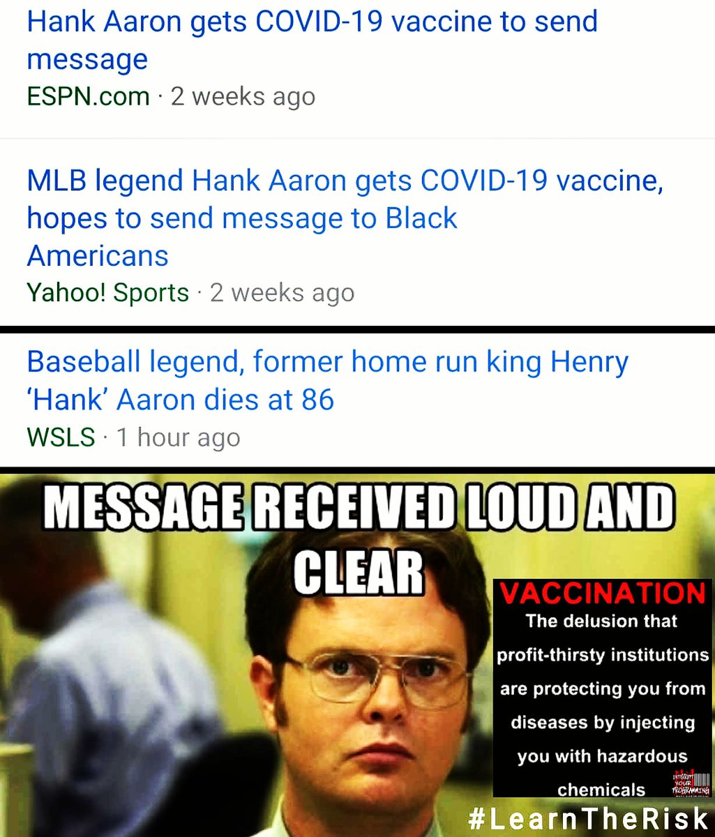 PplOverPolitics's tweet photo. Did you get the message? Don't make the same mistake #HankAaron made. Don't trust liars who profit from sickness while enjoying blanket immunity from legal liability for the harm caused by unavoidably unsafe pharmaceutical products, which includes the risk of death. #LearnTheRisk https://t.co/leljzaVd9w