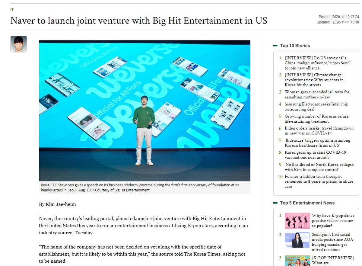 Last November, Korea Times reported that BH and Naver were going to launch a joint venture in the US called NaverBe.  https://www.koreatimes.co.kr/www/tech/2020/11/133_299079.html