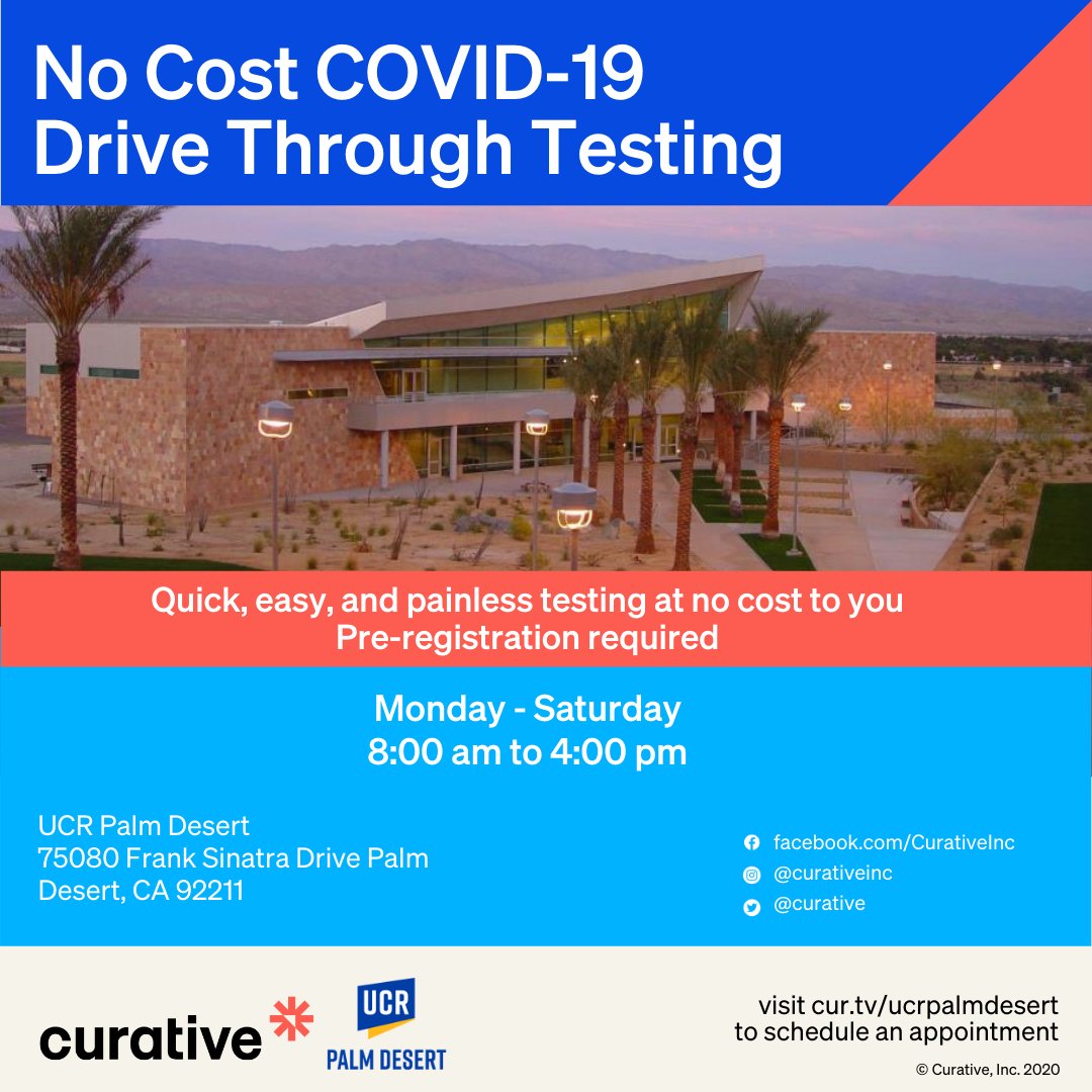 The City of Palm Desert, in partnership with <a href="/UCRPalmDesert/">UCR Palm Desert</a>, is offering drive-up COVID-19 testing by appointment by <a href="/Curative/">Curative</a>. Appointments are available Monday through Saturday between 8am-4pm and can be made at curative.com.