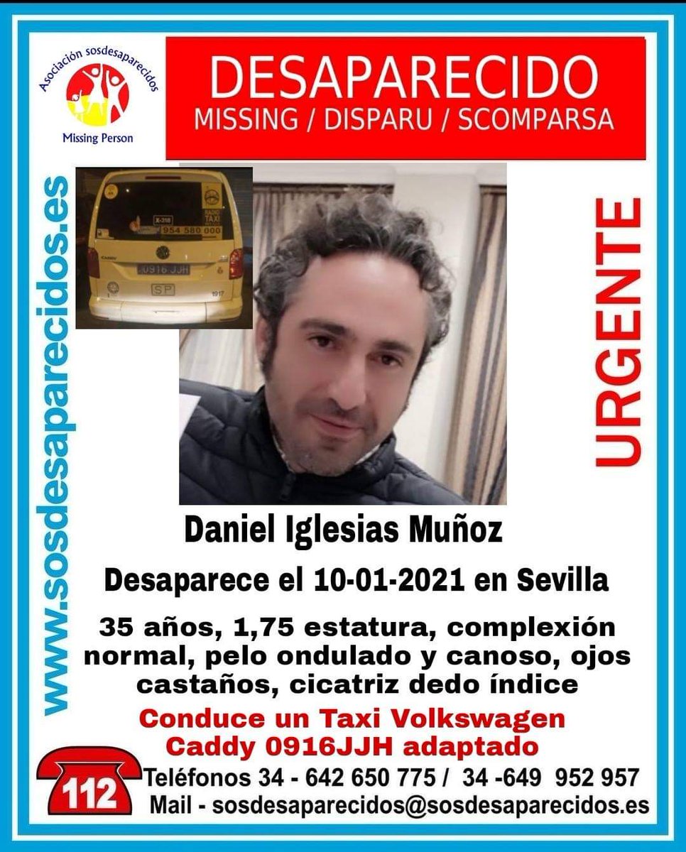 🆘 DESAPARECIDO
Ha #desaparecido Daniel compañero #taxista de #Sevilla
Conduce un taxi Volkswagen Caddy
Si lo has visto, llama al 091, 062, 112
Tu RT no cuesta nada y puede ayudar a encontrarlo.
vía <a href="/sosdesaparecido/">ALERTA DESAPARECIDOS</a>
#desaparecido #sosdesaparecidos #Missing #España #Sevilla #Taxi