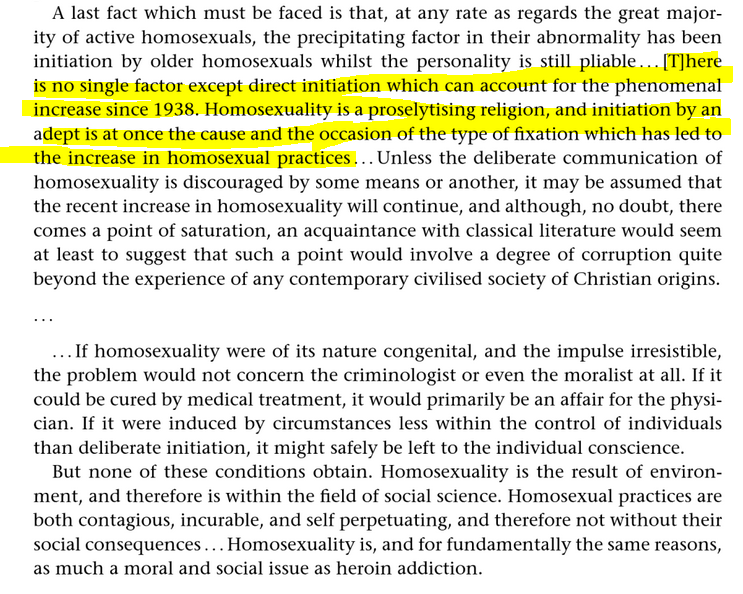 HO/345 A Statement by Viscount Haisham, Q.C. (1955)"at rate of between four and five times that of 1938...""it is a problem of social environment and not congenital make up""Homosexuality is a proselytising religion"