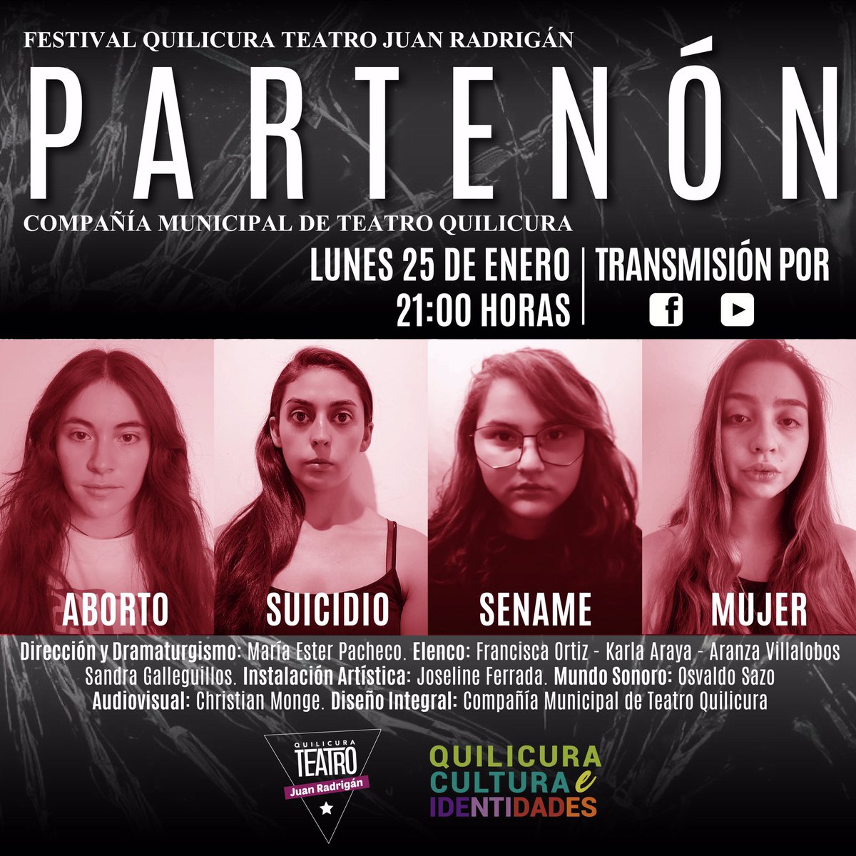 CULTURAQUILCURA's tweet photo. “Festival de Quilicura Juan Radrigán”                                      los invitamos a ver la obra “PARTENÓN”, de la Compañía Municipal de Teatro en Quilicura, lunes 25 de enero a las 21:00 horas, más información 👉🏻👉🏻👉🏻@corpo_quilicura https://t.co/WMiS29gfak