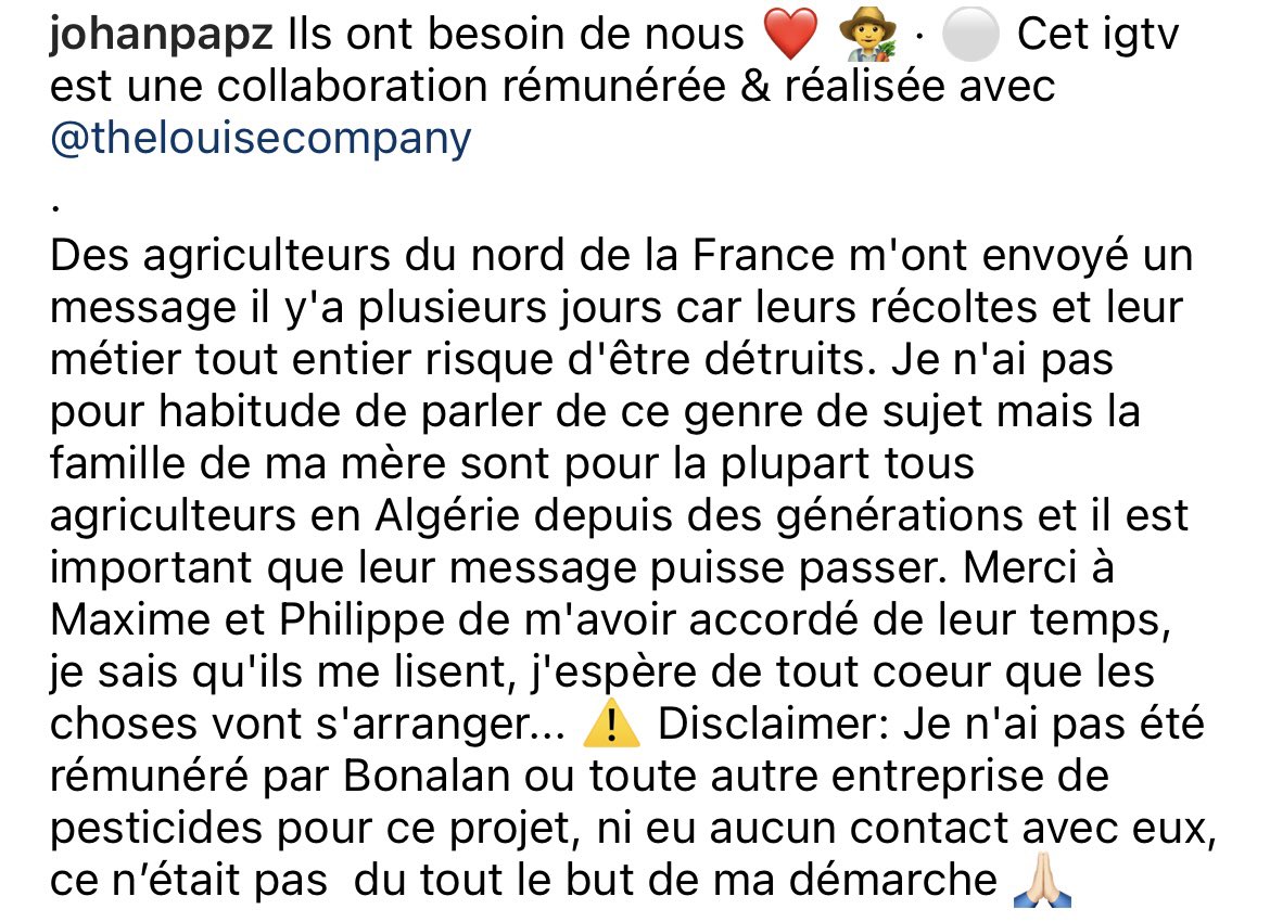 Johan Papz vient de modifier la description de sa video pour indiquer qu’il s’agit d’une collaboration rémunérée avec l’agence belge dont je vous ai parlé, elle même payée par l’organisation agricole qui défend l’usage du Bonalan.