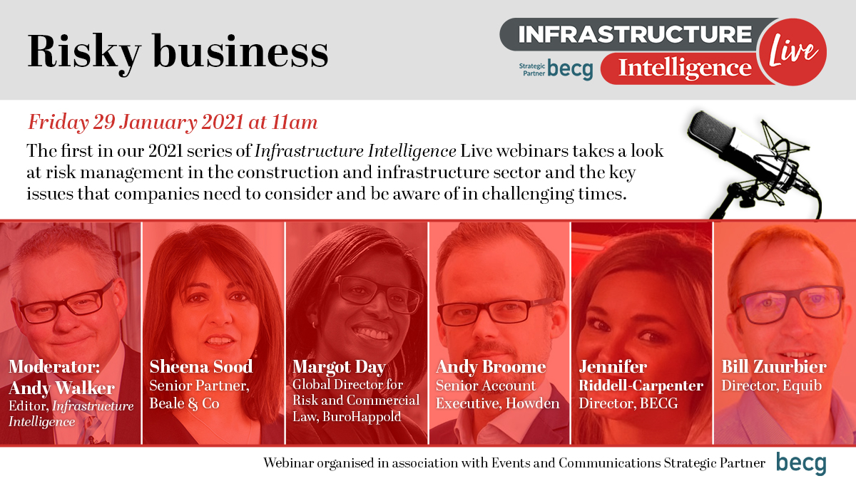 infra_intel's tweet photo. The latest webinar in our Infrastructure Intelligence Live series next Friday takes a look at risk management in the construction and infrastructure sector. Listen to top speakers from @Beale_Law @burohappold @Howden_UK @becgUK and #Equib Book now at https://t.co/oEvXEM8w35 https://t.co/6pFnOYi0ou