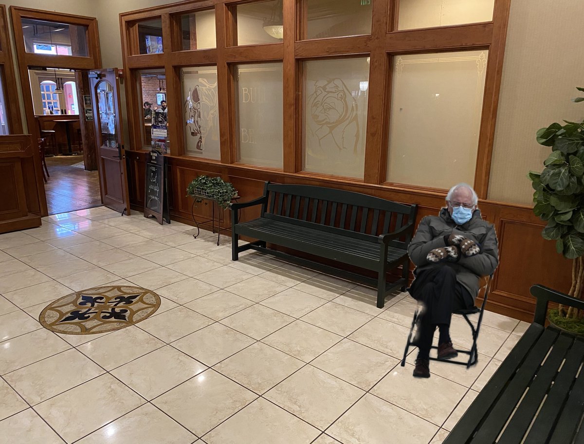 We told Bernie he could warm up in our lobby while he waited for his meatloaf as long as he wore a mask.