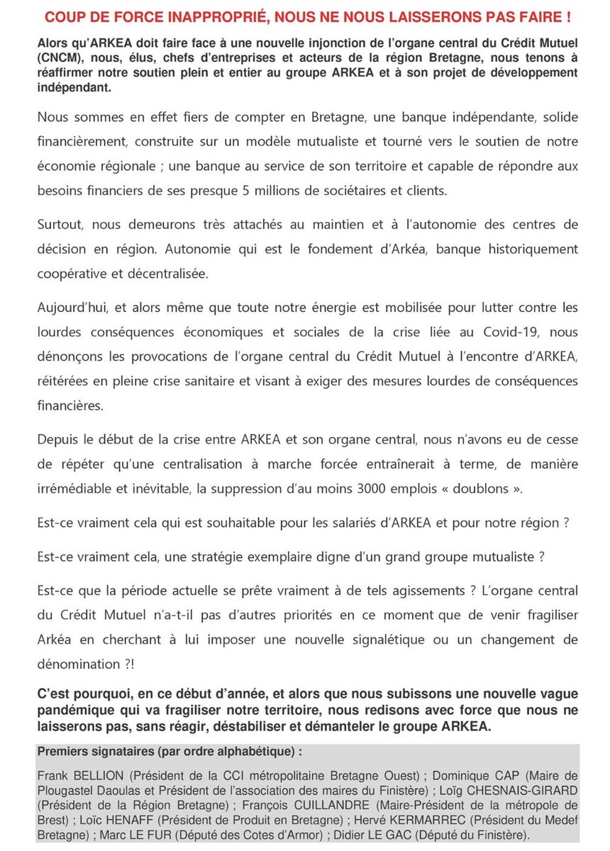 PERONLaurent's tweet photo. Quand l’actualité relate la charge du Crédit Mutuel envers @cmarkea , je rejoins pleinement les premiers signataires de cette tribune et je confirme que mon soutien pour les employés et dirigeants d’Arkéa est total.
#ventdebout 
#arkea 
#JeDefendLEmploiLocal https://t.co/uaZWXuh005