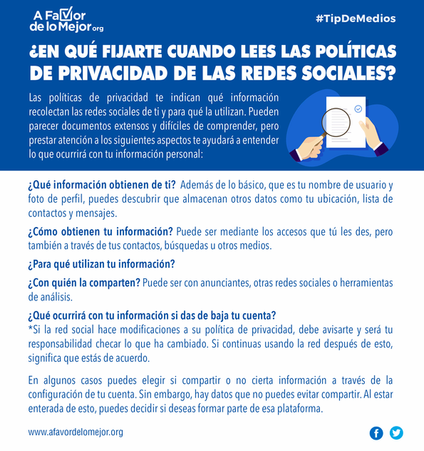 afavordelomejor's tweet photo. #AFMContigo ¿En qué fijarte cuando lees las políticas de privacidad de las redes sociales?
#RedesSociales
#Facebook
#Instagram
#Twitter
#WhatsApp https://t.co/tO0LmjHmeq