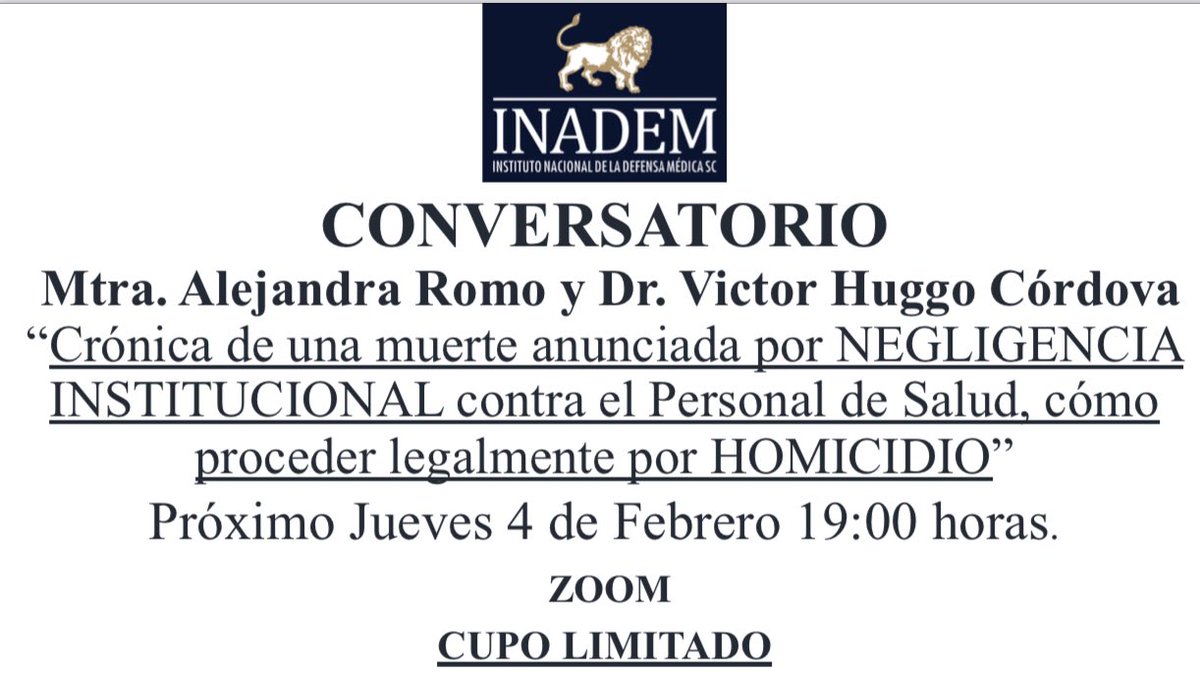 Conversatorio en el que se hará un análisis del caso del Médico Interno de Pregrado que lamentablemente falleció teniendo datos francos de SARS COV 2 a causa de una flagrante NEGLIGENCIA INSTITUCIONAL incurriendo en el delito de Homicidio. RT
#INADEMContigo
#DEFENSAMÉDICAINADEM