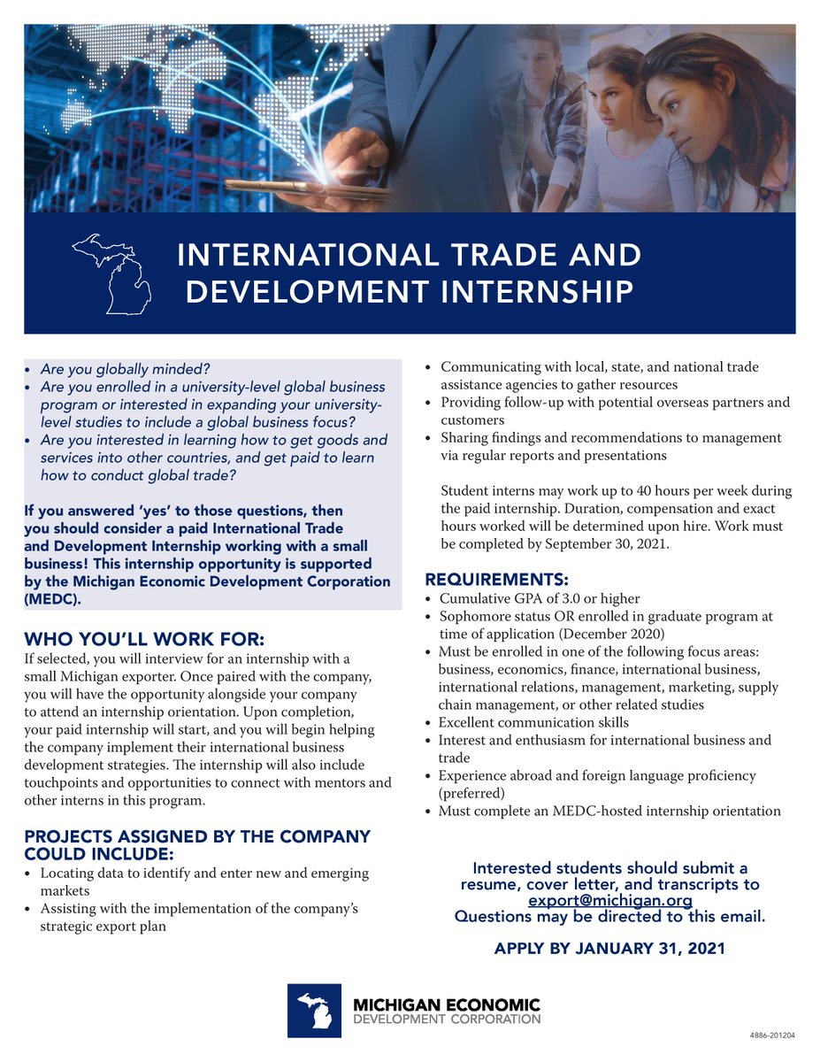 🚨PAID INTERNSHIP OPPORTUNITY🚨

The MEDC is looking for SVSU students to work at small to medium-sized businesses across Michigan to aid in their development and growth of international business strategies. 

The application deadline is January 31, 2021 - DON'T DELAY!