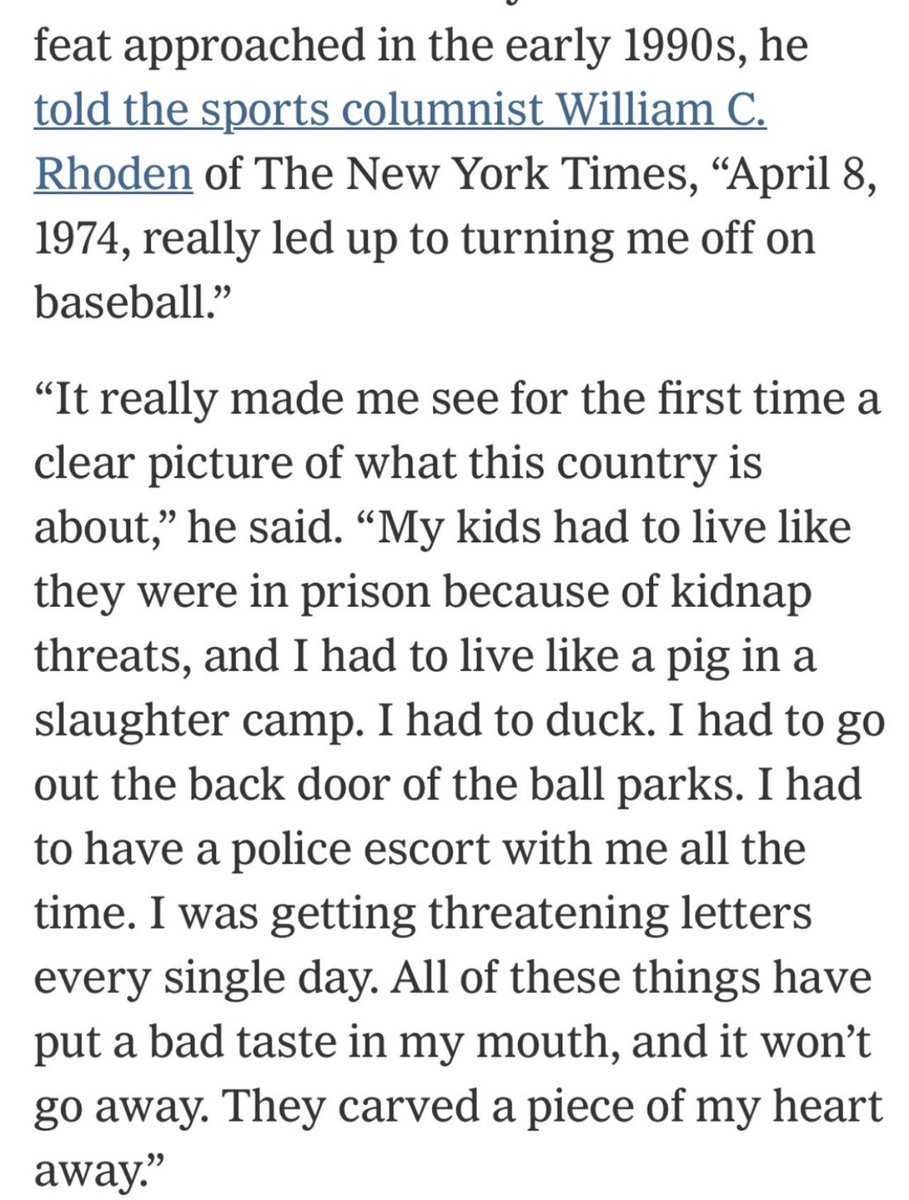 It’s this quote from Hank Aaron to William C Rhoden that will always stay with you:“My kids had to live like they were in prisonbecause of kidnap threats.”“I had to live like a pig in a slaughter camp.”“They carved a piece of my heart away.”