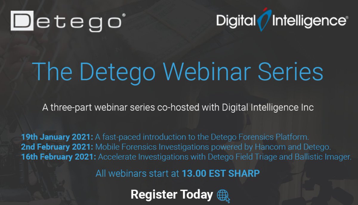 Missed the first Detego webinar? 
There are still two left! 
Also, one lucky attendee will receive a FREE 6-month license of Detego Ultimate! Register here: bit.ly/3q3A47a
#DFIR #digitalforensics #computerforensics