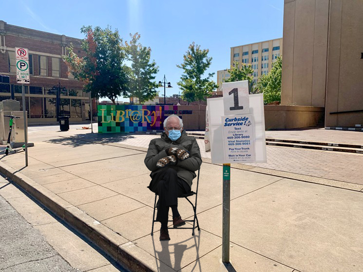 dallaslibrary's tweet photo. Bernie - please stay in your car and we'll bring your books out to you! #BernieMeme #DallasPublicLibrary https://t.co/KfEya2Qe8n