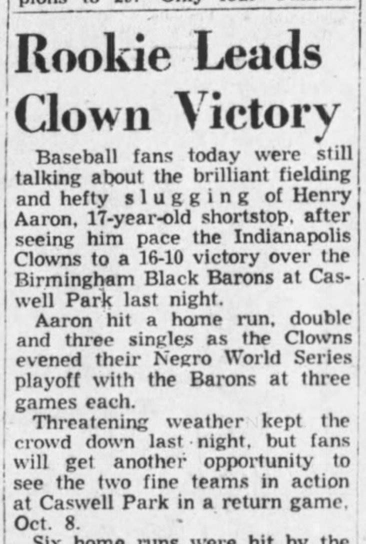 UPDATE: This clip from Sept 20 notes that Aaron had a HR for the Clowns the night before—and says the series was even "at three games each." In order for the Clowns to be leading by Oct 1 and Aaron to have had a home run per game, he would have hit at least 7 HRs in the series.