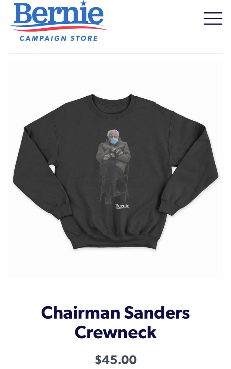 Just thought you all should know, <a href="/BernieSanders/">Bernie Sanders</a> has embraced the meme for good and is selling this sweatshirt with 100% of proceeds going toward Meals on Wheels Vermont. And it’s made in America. 👏🏻