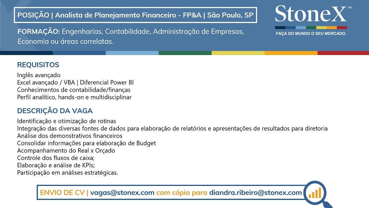 Oportunidade | #Vaga para Analista de Planejamento Financeiro - FP&A em São Paulo, SP. Envio de CV: vagas@stonex.com e diandra.ribeiro@stonex.com https://t.co/AD8W1VUhq8