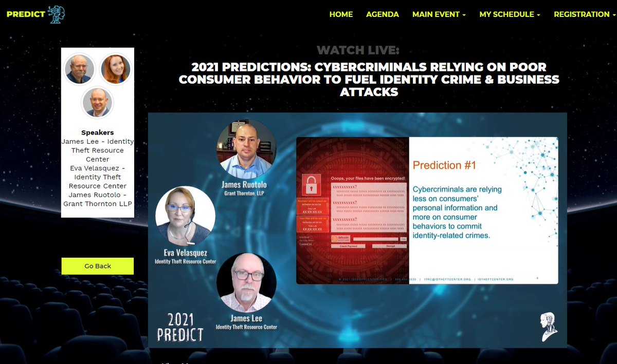 ITRCCEO's tweet image. It's a great day to present at #Predict2021 with @jdruotolo @jeverettlee. We're discussing cyber attackers depending on consumer behaviors in 2021 and a new wave of re-victimization rates.