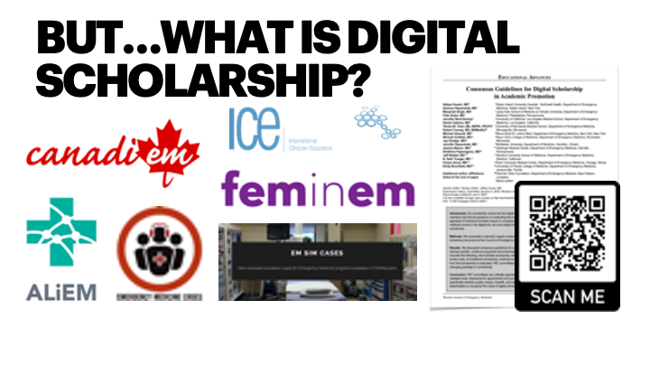 Digital scholarship comes in many forms!Podcasts! ( @EMCases,  @crack_cast  @clerk_cast)Blog posts! ( @ALiEMteam  @feminemtweets  @WeAreCanadiEM)Tweetorials! (e.g.  @tony_breu  @aoglasser)Sim Case repositories! ( @emsimcases)Check out this paper for details: https://www.ncbi.nlm.nih.gov/pmc/articles/PMC7390542/