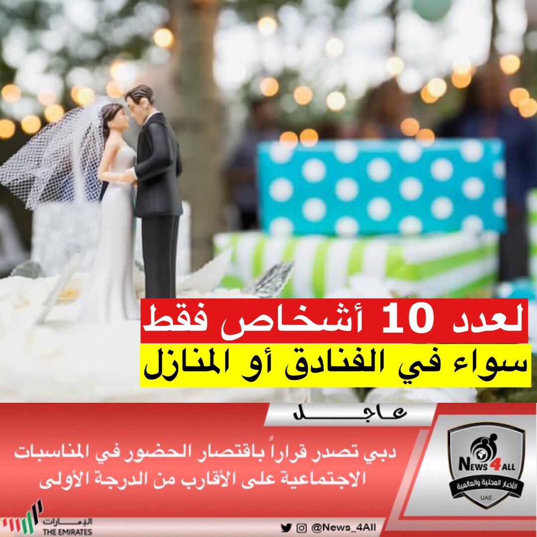 اللجنة العليا لإدارة الأزمات والكوارث في دبي تصدر قرارا باقتصار الحضور في المناسبات الاجتماعية والأعراس  والحفلات الخاصة على الأقارب من الدرجة الأولى ولعدد 10 أشخاص فقط سواء في الفنادق أو المنازل،ويأتي هذا القرار بسبب ارتفاع عدد مخالفات عدم الالتزام بالتدابير الاحترازية والوقائية