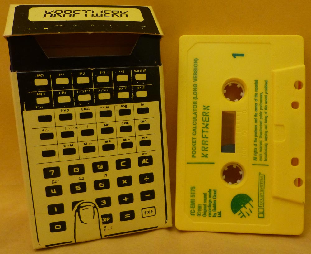 Peak calculator probably came in 1981, with Kraftwerk's Pocket Calculator released as a cassingle in a calculator-shaped box.