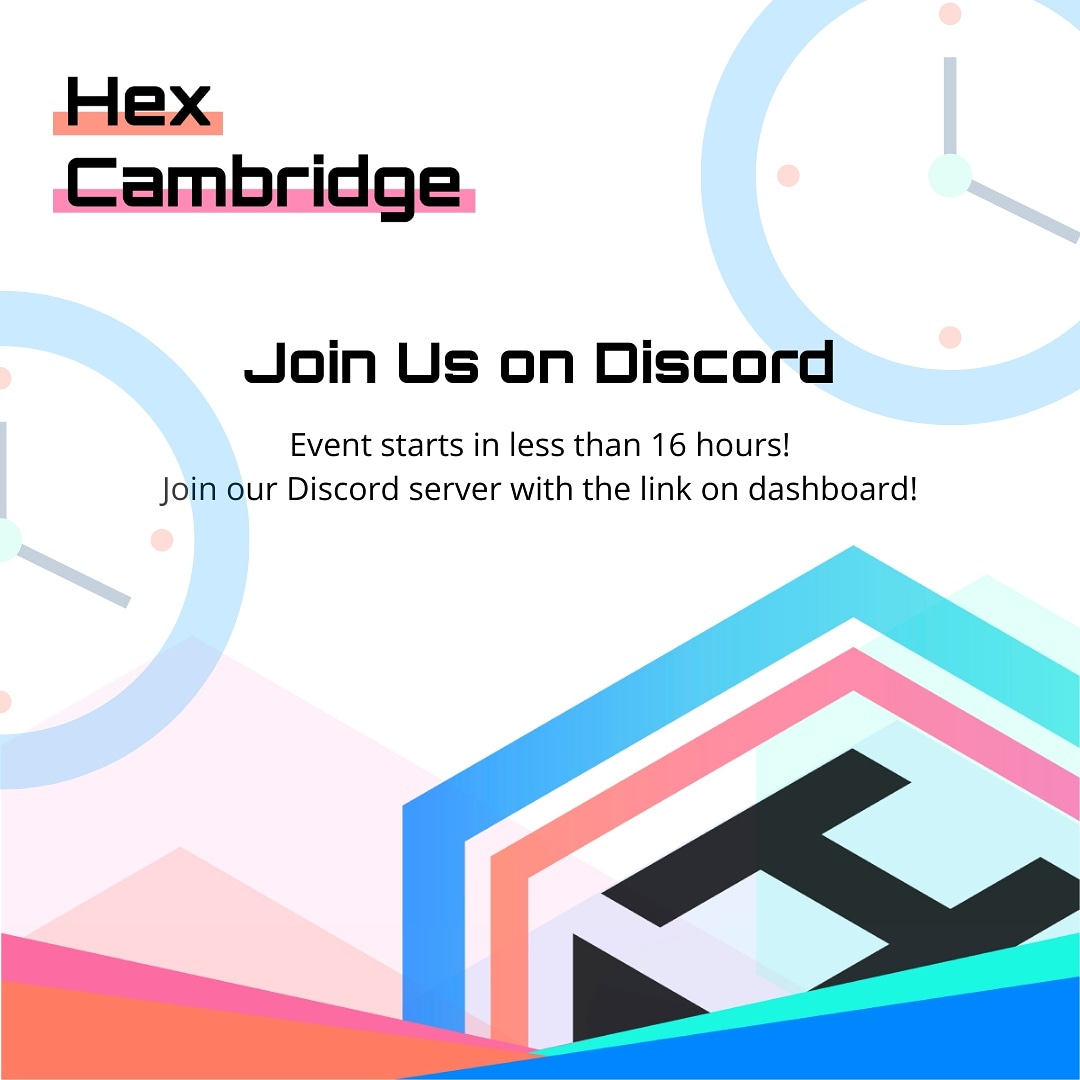 ⚠️⚠️Final Reminder for Discord onboard⚠️⚠️

Less than 16 hours before the start of #HexCambridge2021!! 
If you have not done so, remember to join our Discord server for all the information on the coming workshop, challenges, mentorship and interaction with sponsors!