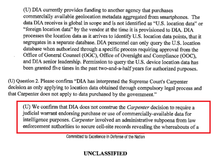 Techno_Fog's tweet photo. DIA is purchasing smartphone metadata of Americans to get around warrant requirements.

In other words, the gov't is using your tax dollars to buy your and store your data.

Good reporting by @charlie_savage https://t.co/FGOgxjTthq