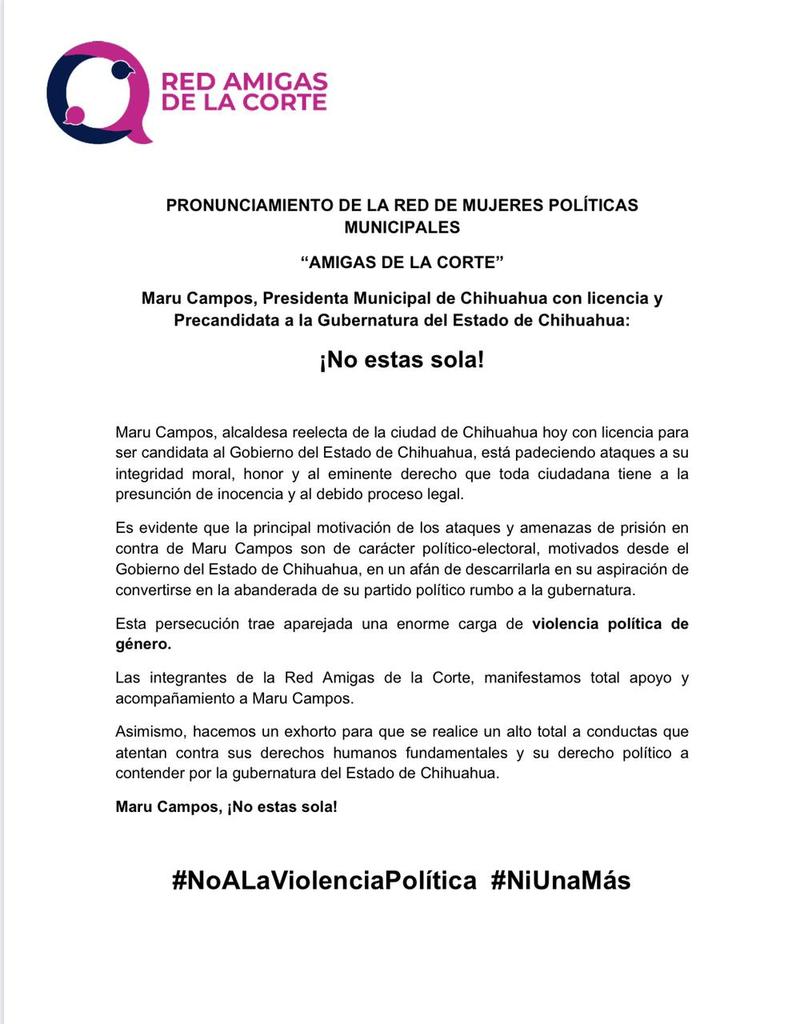 Los derechos de las mujeres no se garantizan de manera selectiva ni de ocasión.
Exhortamos al <a href="/gobchihuahua/">gobiernodechihuahua</a> y <a href="/Javier_Corral/">Javier Corral Jurado</a> detener la persecución política y la violencia ejercida contra <a href="/MaruCampos_G/">Maru Campos</a>.