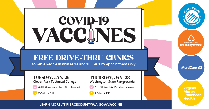 PierceCo's tweet photo. People who are eligible can receive a free #COVID19 vaccine at one of 2 drive-thru community events. The clinics are a partnership of @MultiCareHealth, #PierceCounty Emergency Management, @TPCHD, and Virginia Mason Franciscan Health.  https://t.co/EQ42y9vgKe https://t.co/SIhAoToOA4