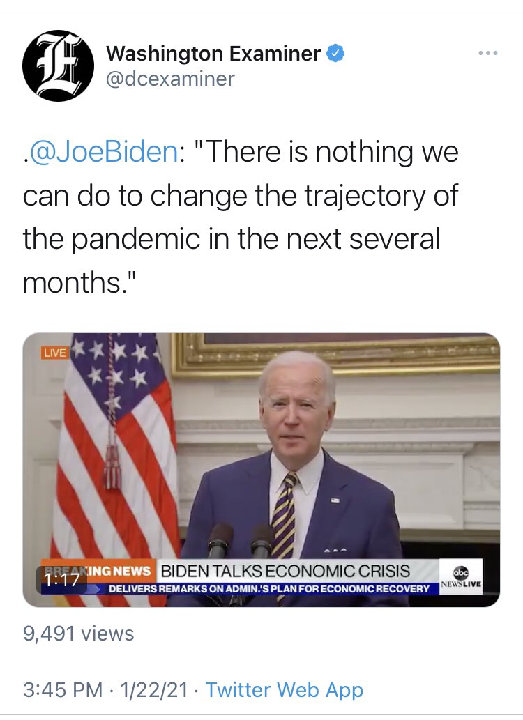 Thread @JoeBiden promised us better. We were told - over and over again, in no uncertain terms - that the Biden team was going to turn the coronavirus pandemic around.Today, they told us that wasn’t true. We’ve got a lot more examples to go. 