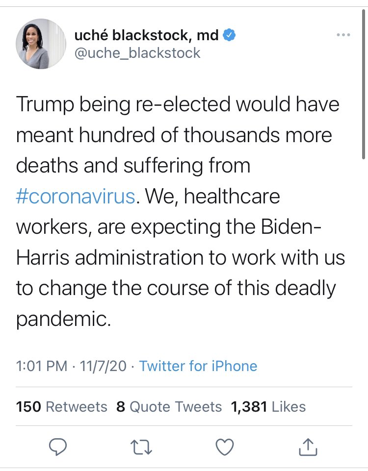 We even got the twitter doctors into the mix on all of this. Here’s  @uche_blackstock explaining how medical workers are counting on Biden and Harris to “change the course.”Well.