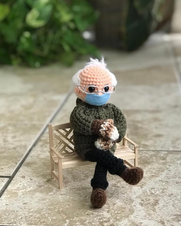 southerncagna's tweet photo. HOLY HELL SOMEONE MADE A CROCHETED BERNIE! I CAN’T 😂 #berniesmittens #Berniememes https://t.co/x6Ic40so7a