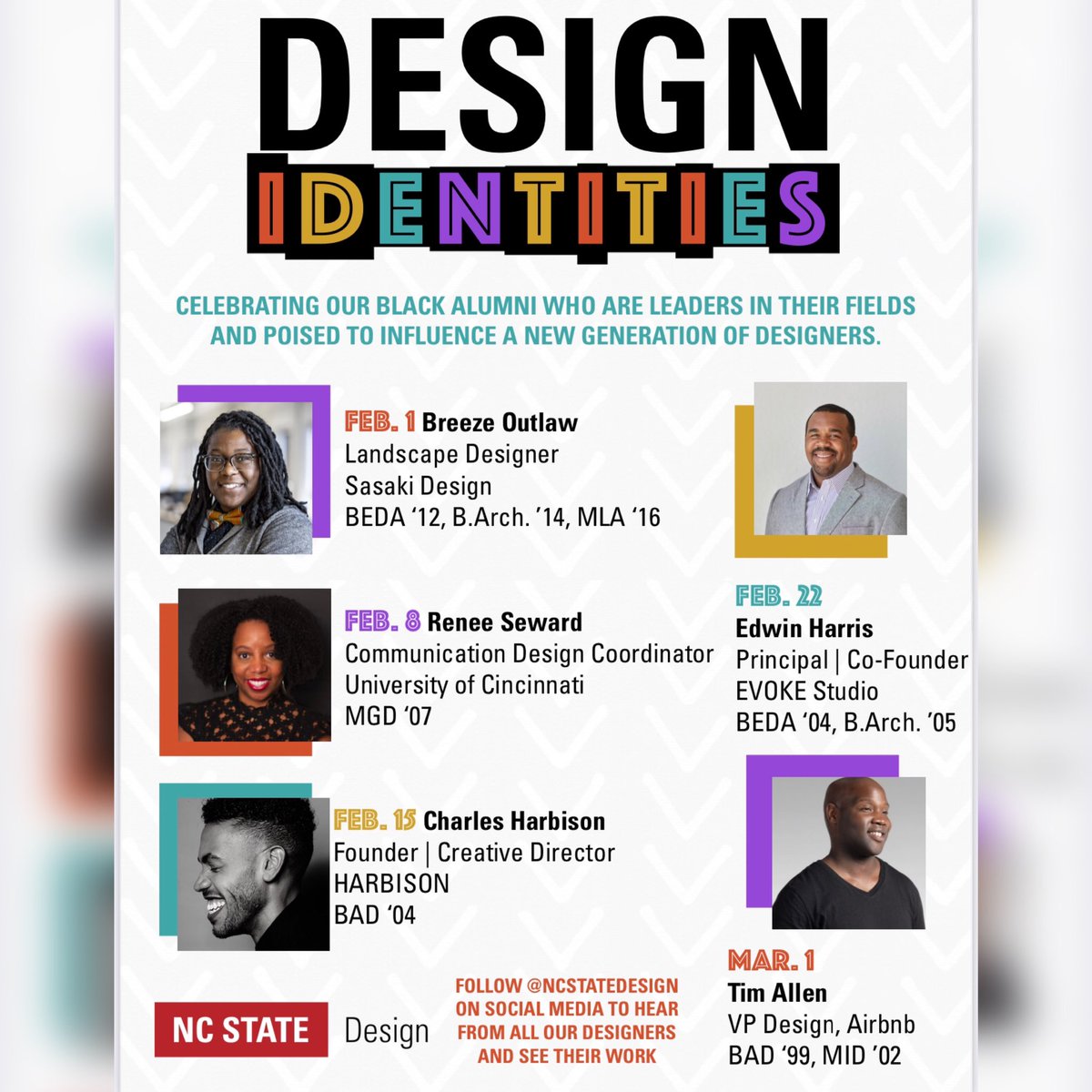 Please attend the NC State “Design Identities: A Virtual Black Alumni Exhibit”. Their goal is to highlight black alumni designers and their work, along with reaching the K12, underserved and underrepresented communities.

design.ncsu.edu/news/design-id…