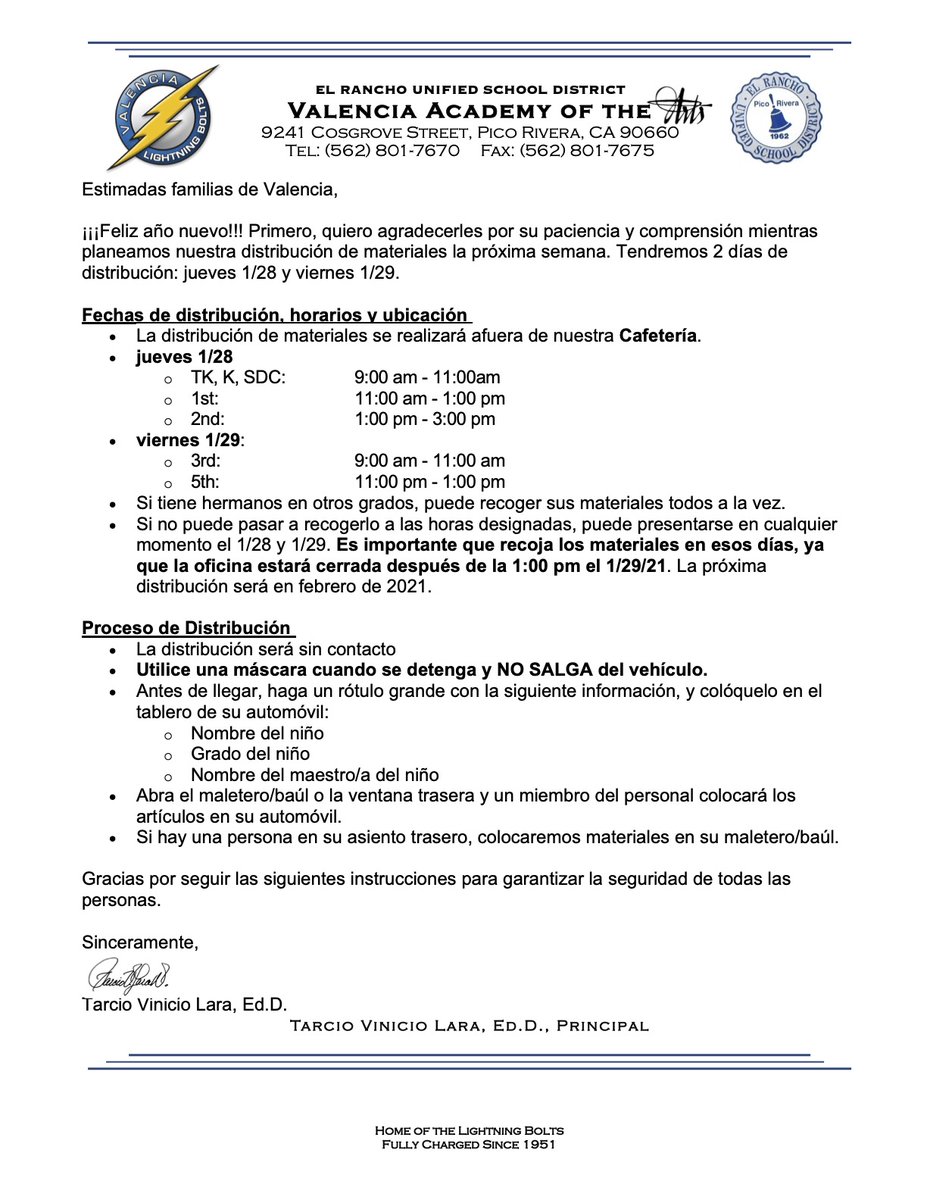 Hello Valencia familias!  Please read the following letter regarding next week's material distribution.  Thank you!
