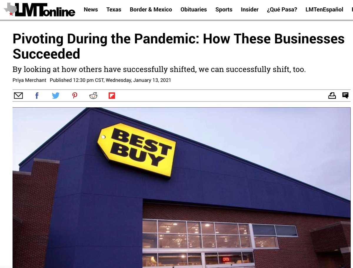 We were recently mentioned in <a href="/lmtnews/">Laredo Morning Times</a> article about how businesses are pivoting in the pandemic and how these pivots can help grow business later. Read the full article here.   bit.ly/3pb9Qj5