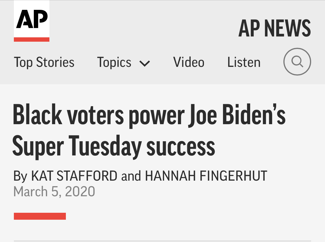 WHo made Biden the Democratic nominee?Just "Black voters."And Black people who didn't vote for Biden don't reply: "But I voted for Amy Klobuchar" because they know this doesn't mean ALL THE BLACK PEOPLE.Also: no one voted for Amy Klobuchar.