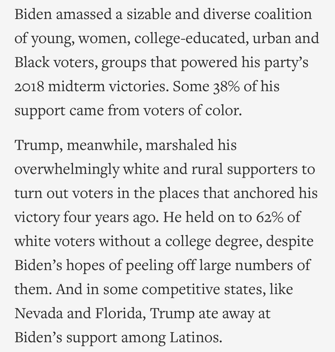 If you say "white people" it's "playing the race card."For instance, if I say "white people voted for Trump", eleventy-million white people will reply that they didn't.You gotta break them down by religion, education or even their address. Who voted for Biden?Black people