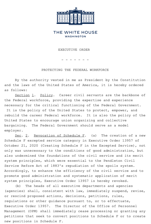 AndrewFeinberg's tweet photo. ICYMI: @POTUS @JoeBiden has signed an executive order to revoke a series of Trump orders which stripped civil service protections, collective bargaining rights, and other union rights from federal employees.

This includes the order creating a "Schedule F" to make firings easier. https://t.co/v5c1YKo04O