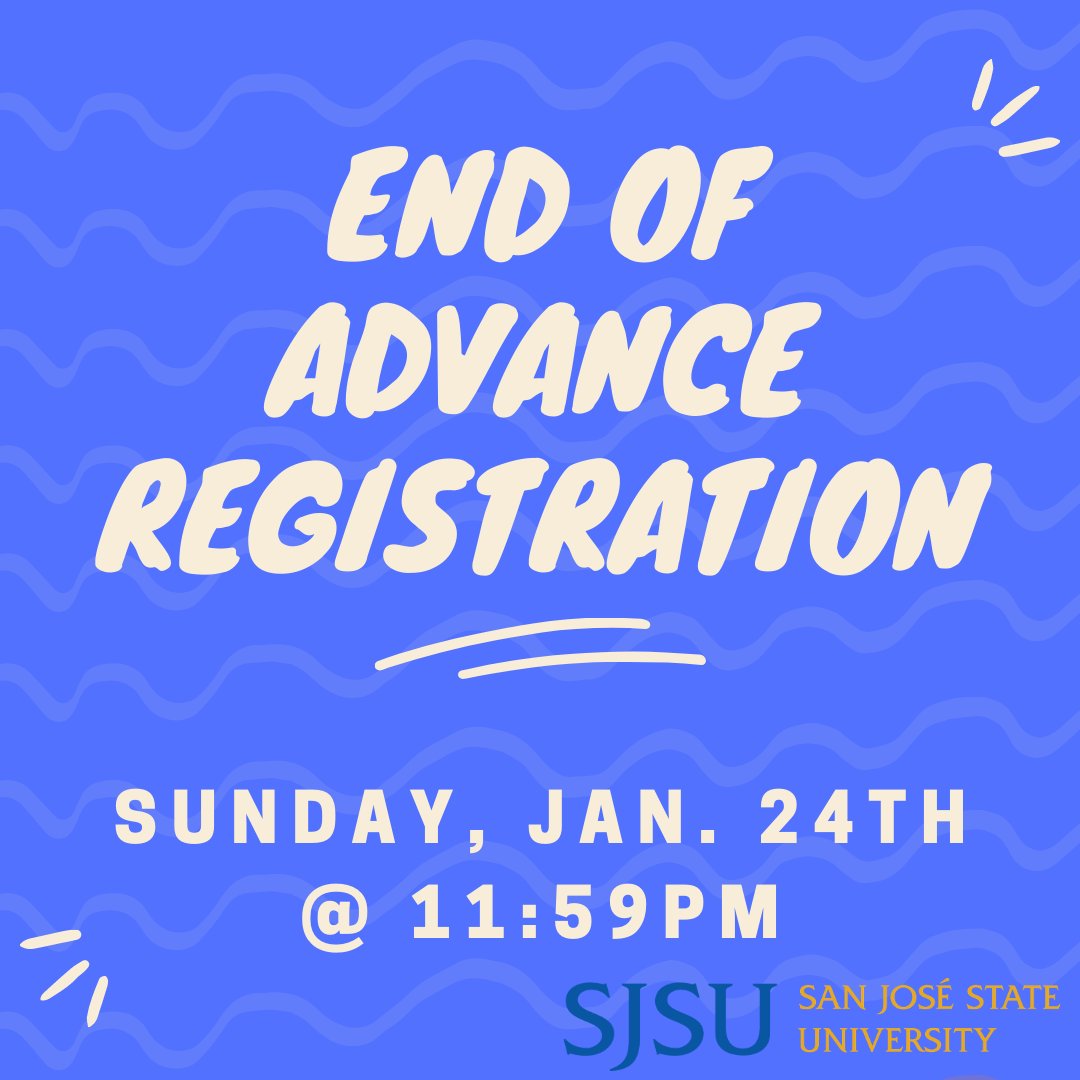 SJSU AARS (@sjsu_aars) on Twitter photo Hey #Spartans! Adavanced registration closes at the end of the weekend! Don't delay! Get your class schedule finalized & #SpartanUp! #SJSU <a href="/SJSU_ES/">SJSU Enrollment</a> <a href="/as_sjsu/">Associated Students</a> <a href="/sjsuhassc/">H&A Student Success Center</a> @CHHS_SSC <a href="/luriesuccess/">Lurie College of Education Student Success Center</a> <a href="/SJSU/">San José State University</a> <a href="/TheBLOCsjsu/">The BLOC @ San Jose State✨</a> <a href="/undocuspartan/">UndocuSpartan Student Resource Center</a> <a href="/CLSSC_/">Chicanx Latinx Student Success Center</a> <a href="/SJSUPRIDE/">SJSU PRIDE Center</a> <a href="/TheWCatSJSU/">SJSU Writing Center</a> <a href="/sjsulibrary/">SJSU King Library</a> <a href="/SJSUEOP/">SJSU EOP</a> Hey #Spartans! Adavanced registration closes at the end of the weekend! Don't delay! Get your class schedule finalized & #SpartanUp! #SJSU <a href="/SJSU_ES/">SJSU Enrollment</a> <a href="/as_sjsu/">Associated Students</a> <a href="/sjsuhassc/">H&A Student Success Center</a> @CHHS_SSC <a href="/luriesuccess/">Lurie College of Education Student Success Center</a> <a href="/SJSU/">San José State University</a> <a href="/TheBLOCsjsu/">The BLOC @ San Jose State✨</a> <a href="/undocuspartan/">UndocuSpartan Student Resource Center</a> <a href="/CLSSC_/">Chicanx Latinx Student Success Center</a> <a href="/SJSUPRIDE/">SJSU PRIDE Center</a> <a href="/TheWCatSJSU/">SJSU Writing Center</a> <a href="/sjsulibrary/">SJSU King Library</a> <a href="/SJSUEOP/">SJSU EOP</a>