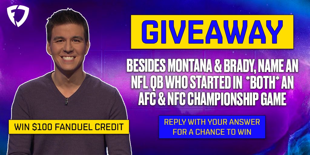 James_Holzhauer's tweet image. With the NFL Conference Championships this weekend, I've got more TRIVIA for you guys!

One random correct answer wins $100 
#FanDuel cash💰

1️⃣ Follow @FDSportsbook &amp;amp; RT this tweet

2️⃣ Reply with a QB besides Tom Brady or Joe Montana who started in BOTH an AFC &amp;amp; NFC title game