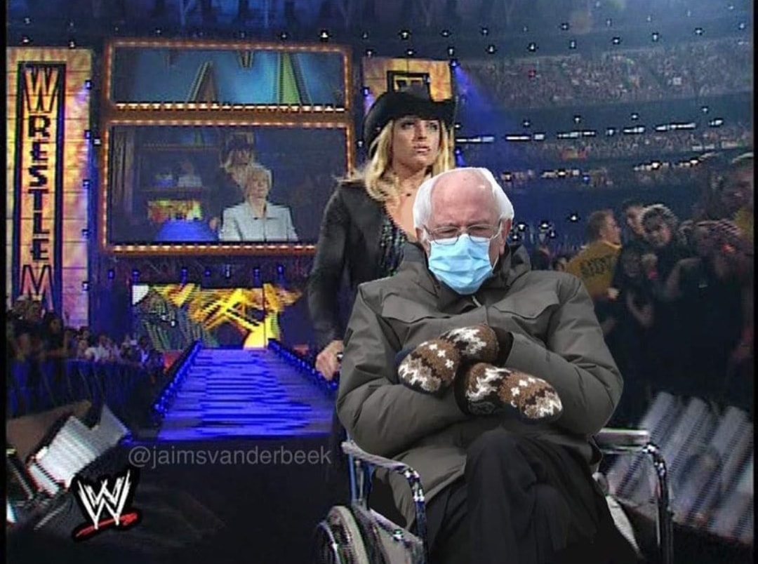 Trish Stratus pushing Bernie Sanders out in a wheelchair at WrestleMania 17.

#BernieSandersMittens #BernieMemes https://t.co/fD8mmjcp9l