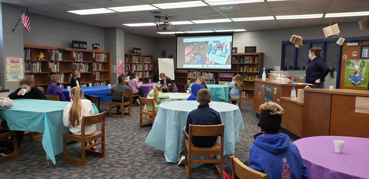MrsLHelfrich's tweet photo. We're enjoying the Sweetser Library Cafe listening to Duckville read by author David Drury! @DavidDrury https://t.co/j4uyiEcNbr