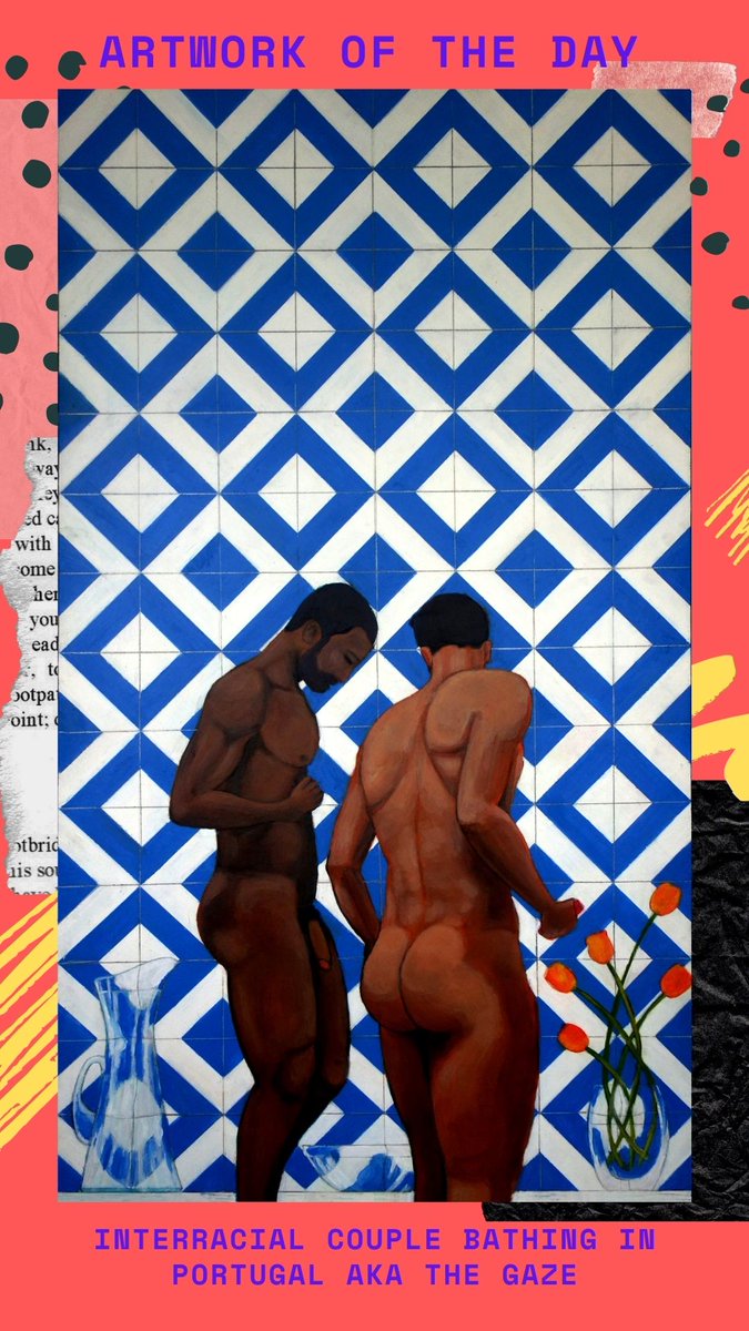 Interracial couple bathing in Portugal aka the gaze.100 x 56 cm. 2020 #newpainting #contemporaryfigurativeart #figurativepaintings #contemporaryfigurative #lgtb #homoerotic #gay #portugal #contemporayart #happyart #exhibition #acrylicpainting #artecontemporaneo #artwork