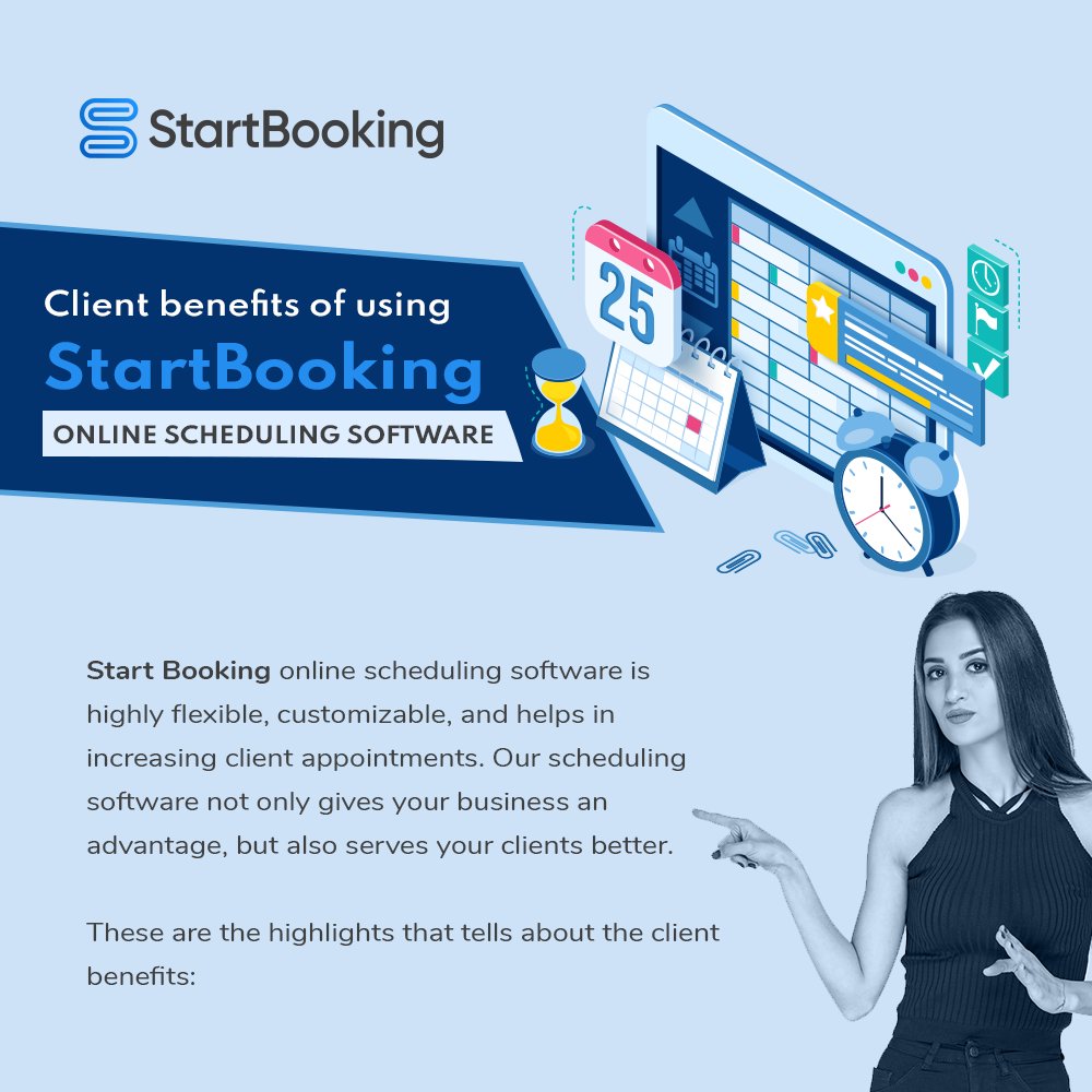 startbookingapp's tweet photo. Start Booking helps you serve your clients better and ultimately grow your business. Check out the #client benefits, Start Booking #Schedulingsoftware offers.

#onlinescheduling #business #software #onlinebooking #clientbenefits #clientsatisfaction #StartBooking https://t.co/zpfmp82cfd