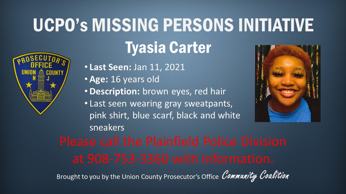 UCPONJ's tweet photo. Today UCPO is sharing information on Tyasia Carter. Tyasia was last seen on January 11th wearing a pink shirt, blue scarf, gray sweatpants, and black &amp; white sneakers.

Anyone with information is encouraged to call the Plainfield Police Division at 908-753-3360. https://t.co/wGPsD1t50e