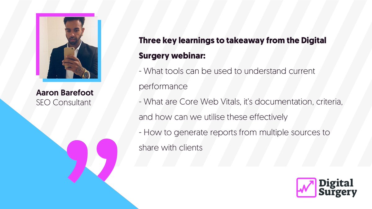 Friday reminder: Book your slot for our next Digital Surgery webinar! 
Guest Aaron Barefoot, SEO Consultant at 
@Refinitiv
  will be giving us a live run through of the tools to help you prepare for Google's 2021 Page Experience Update 
Book your spot now!
lnkd.in/dCpEfiH