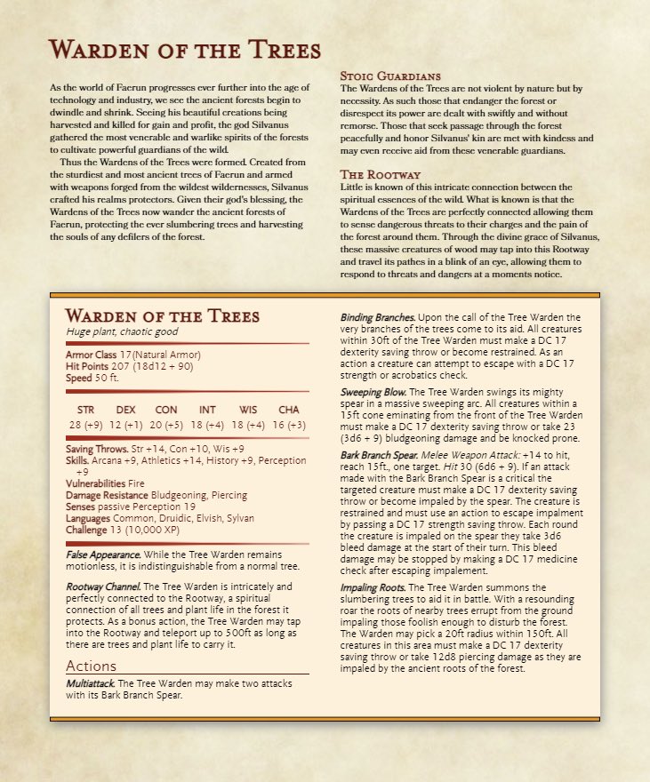 As the world of Faerun progresses ever further into the age of technology and industry, we see the ancient forests begin to dwindle and shrink.

#Ttrpg #rpg #dnd #dnd5e #dungeonsanddragons #dungeonsanddragons5e #dungeonsanddragonshomebrew #dungeonartificer