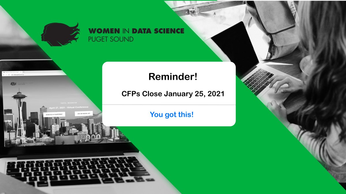Only 3 days left to apply to speak at the Women in Data Science Puget Sound conference! 
buff.ly/2IGo77d
All data science topics are welcomed at the virtual April 27, 2021 conference. 
#WiDS2021 #conferenceproposals #datascience #womenintech