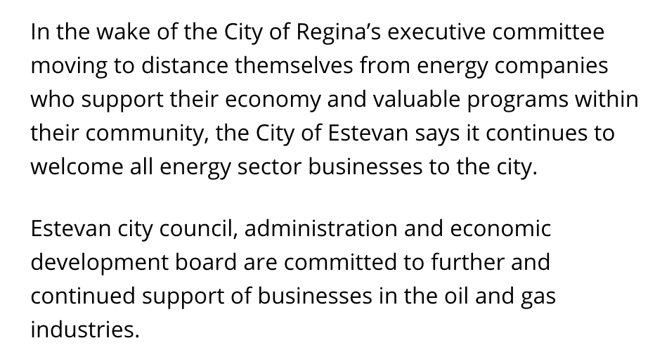 Estevan Mercury website right now has a story on the front page reassuring the oil industry that they're welcome in Estevan. Well, they were never unwelcome in Regina.  #yqrcc /16
