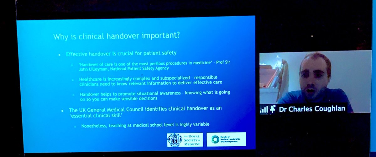 Dr Charles Coughlan speaking for QI Scholars webinar👨‍💻

“Handover is so important for patient safety, yet rarely taught in medical school” 

<a href="/medstudentsec/">RSM Student Section</a> <a href="/RSMUK/">RSM UK</a> <a href="/FMLM_UK/">Faculty of Medical Leadership and Management</a> #MedTwitter