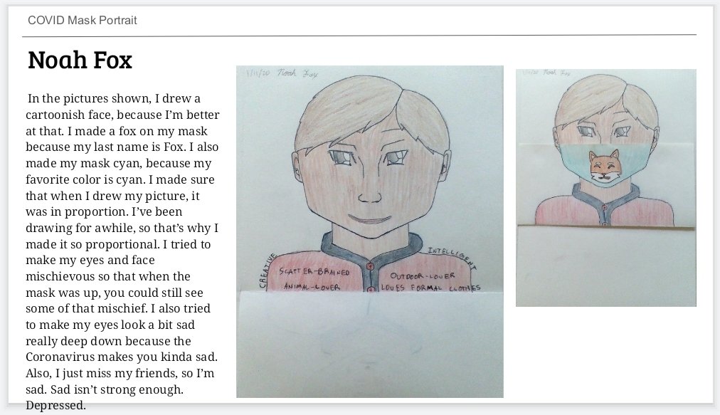 SMMHSEagles's tweet photo. #EagleArt Recent 7th grade Art lesson reflects student thoughts about face masks in addition to Art.
@Parks4Art students created a proportionate self-portrait w qualities of their personality and flap w mask folded over mouth & nose. #ArtistStatements 👏❤ #SMMHSsoars @ArtsHcs https://t.co/McAhWhIpVj