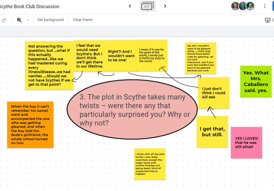 Co-hosted book club and writing club with Mrs. Caballero today! Silent discussion on Jamboard mixed with vocal discussion in Meet. Hours of this after being awarded socks at the staff meeting made for a perfect day! :) <3